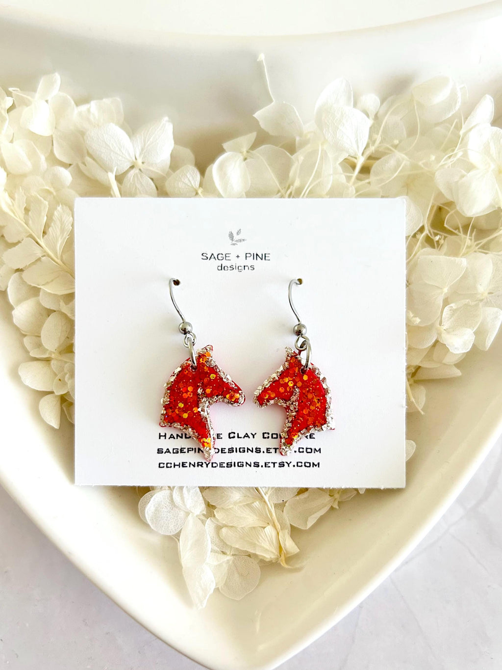 Fire Horse Earrings, Red and Silver Sparkly Dangles, Handmade Fashion Clay Jewelry