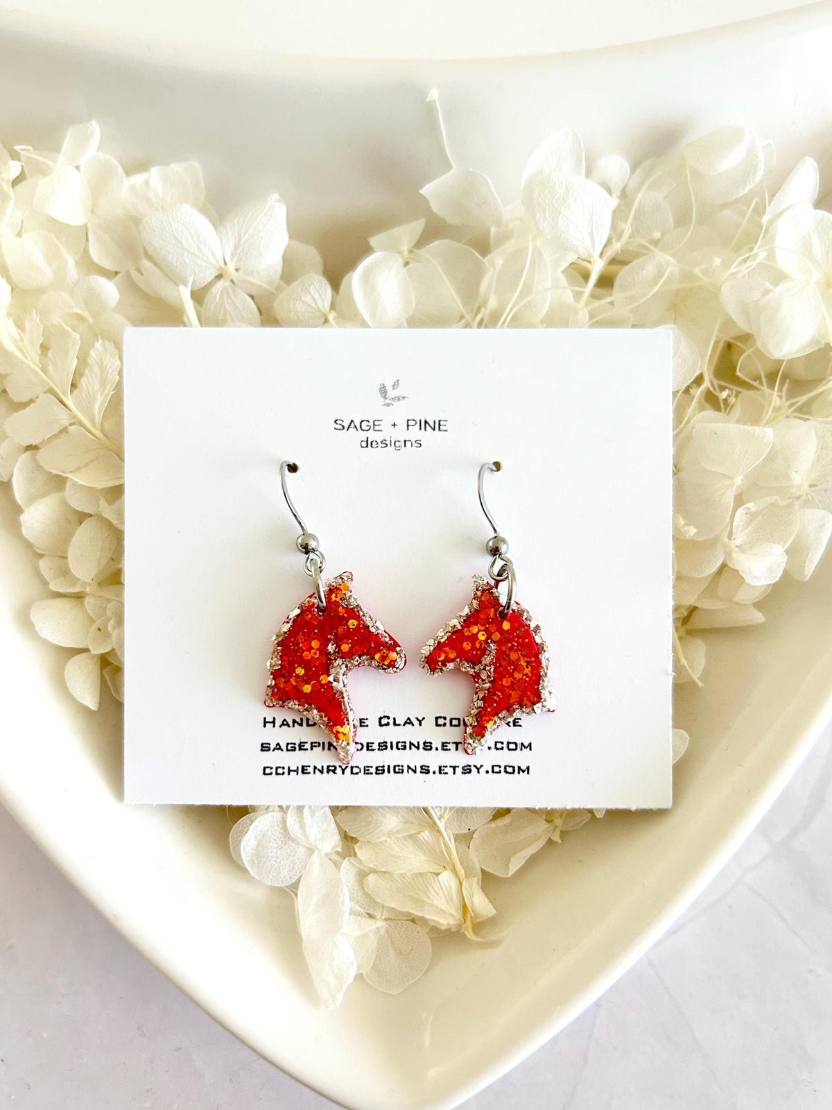 Fire Horse Earrings, Red and Silver Sparkly Dangles, Handmade Fashion Clay Jewelry
