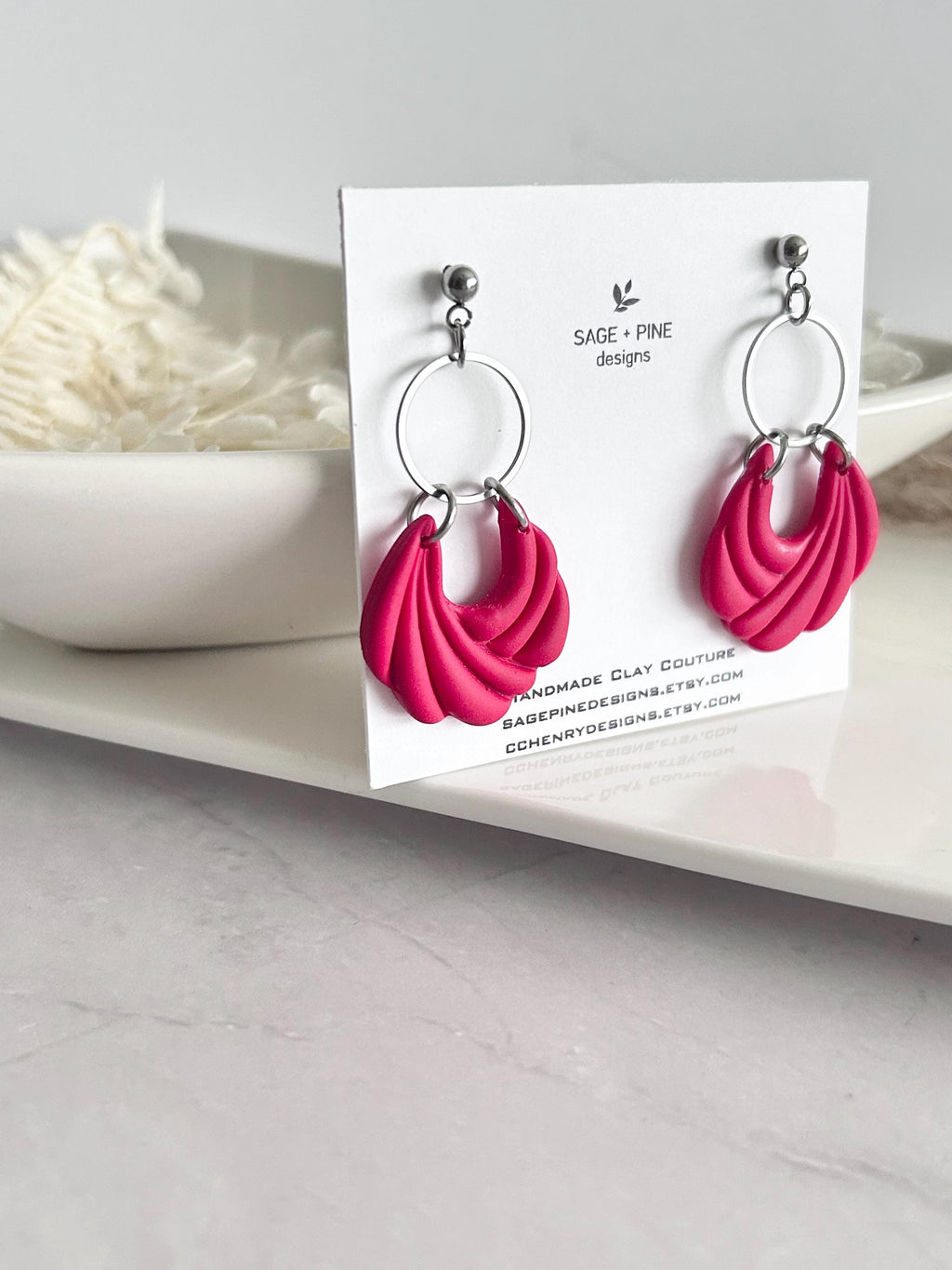 Vibrant Red Clay Dangle Hoop Earrings, Modern Dangles, Lightweight Handmade Polymer Jewelry