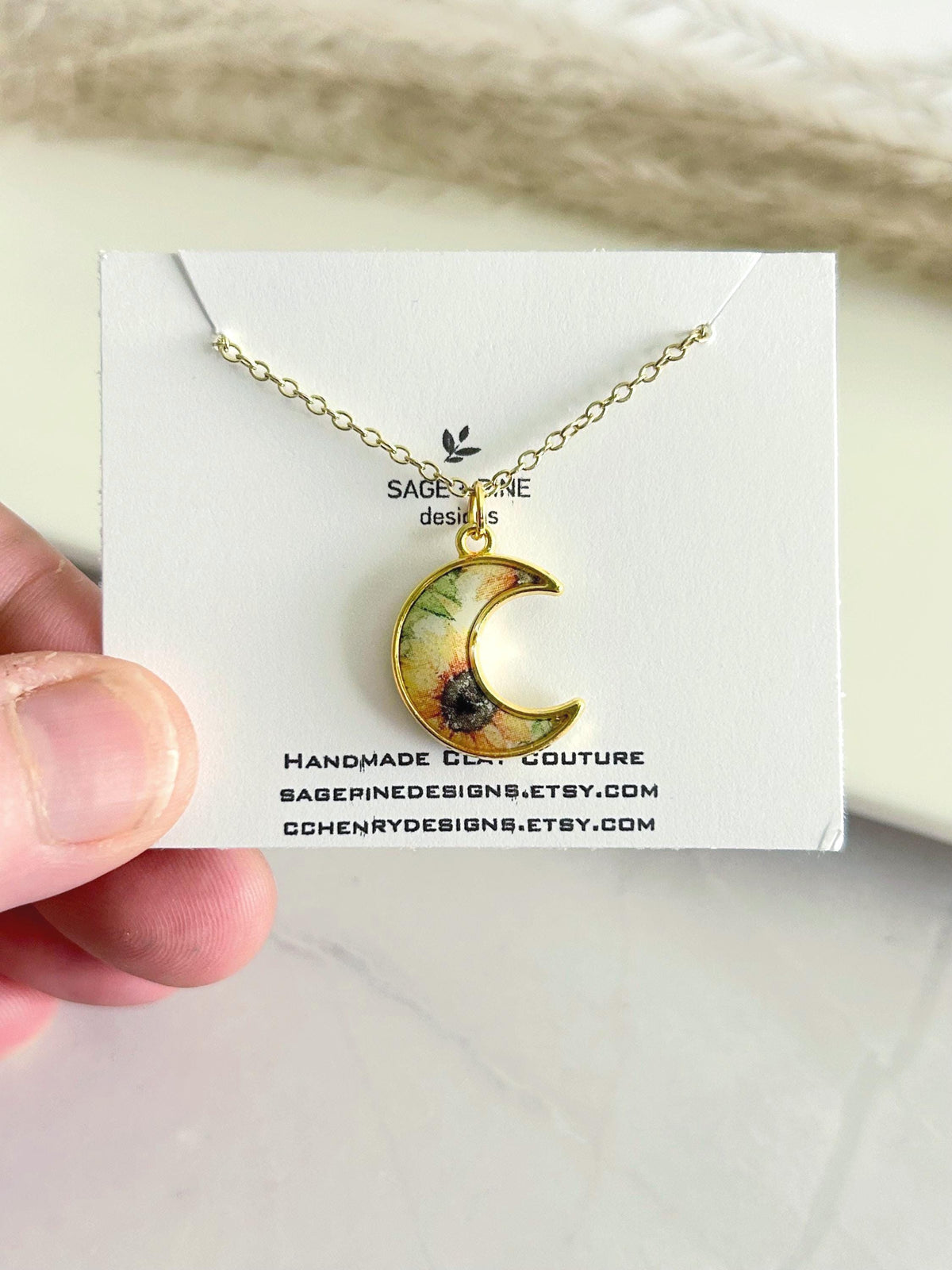 Sunflower Moon Charm Necklace, Yellow and Green Floral Pendant, Handmade Fashion Clay Jewelry