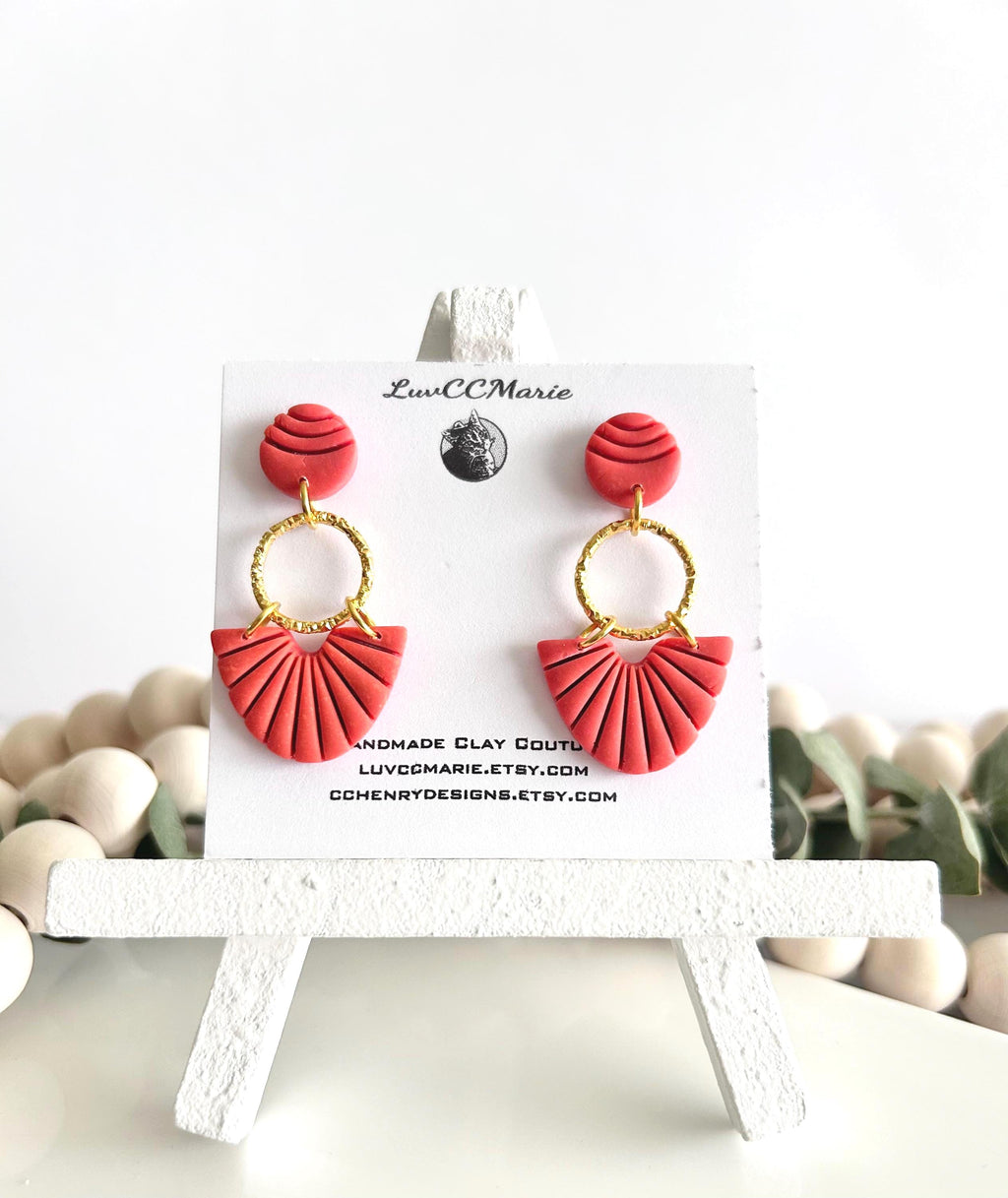 Handmade Coral Clay Dangle Earrings, Gold Hoop, Greek Style Vacation Gift For Women
