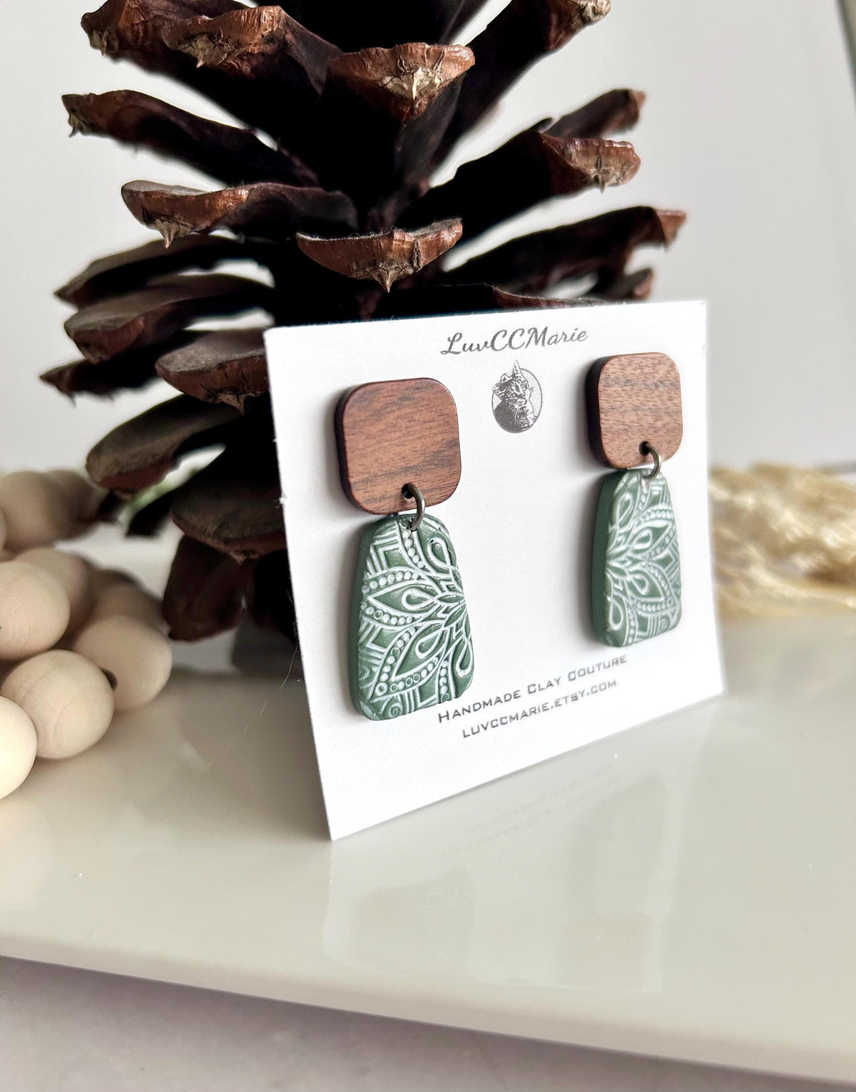 Sage and White Clay Earrings, Mandala Dangles, Floral Clay & Wood Boho Neutral Handmade Jewelry