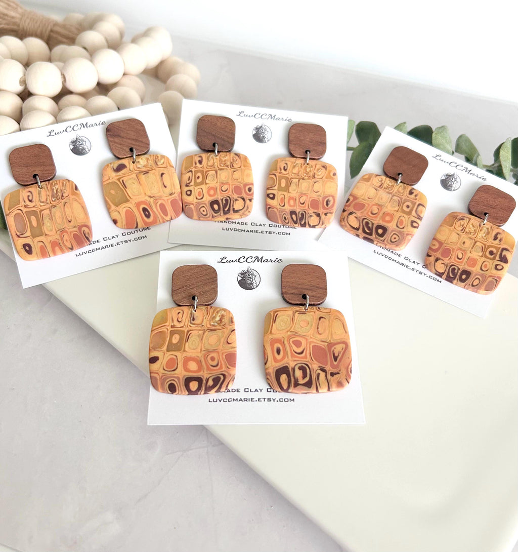 Boho Clay and Wood Stud Earrings: Mustard Yellow Retro Square Dangles