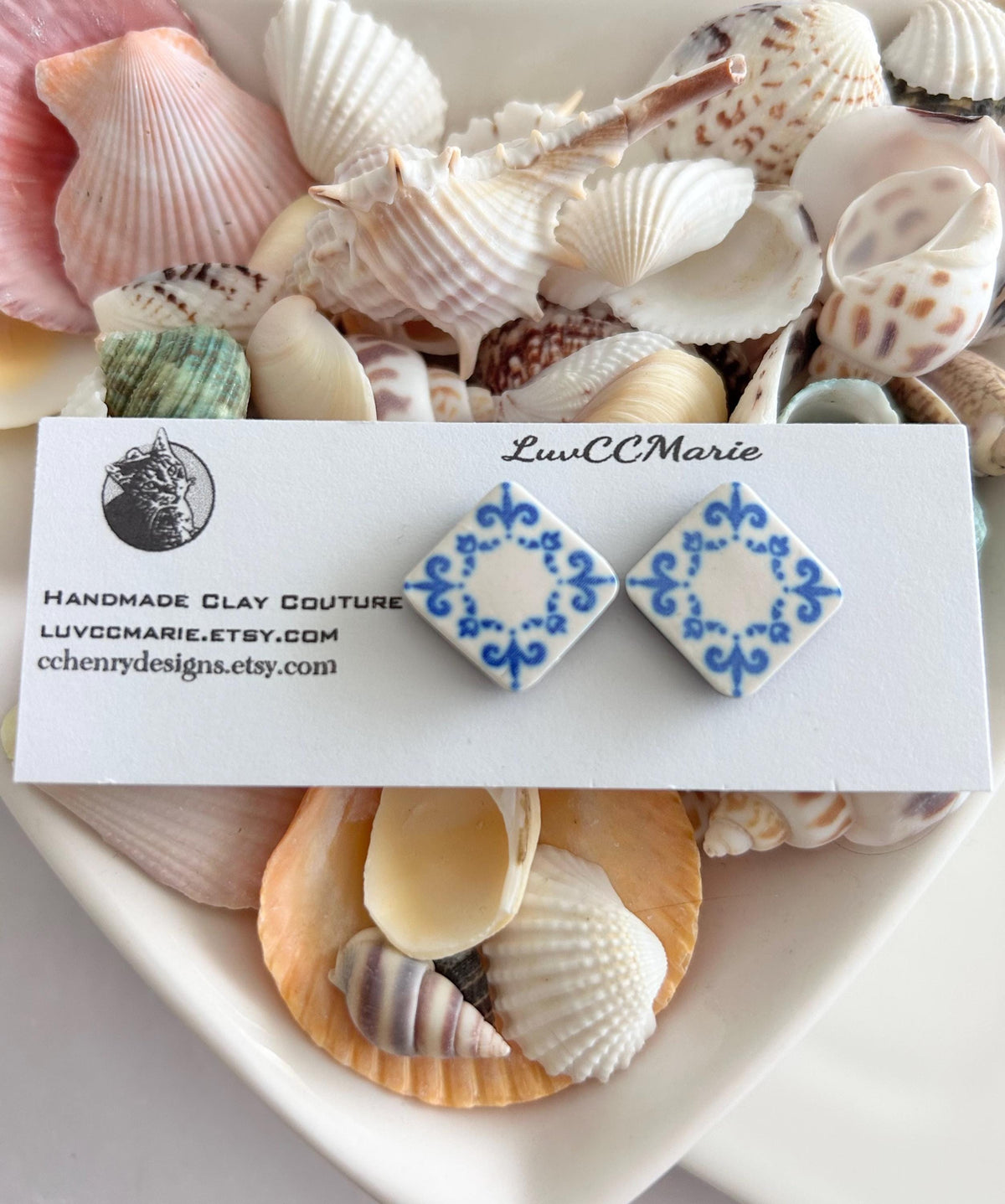 Handmade Santorini Tile Stud Earrings, Blue White Polymer Clay, Boho Jewelry