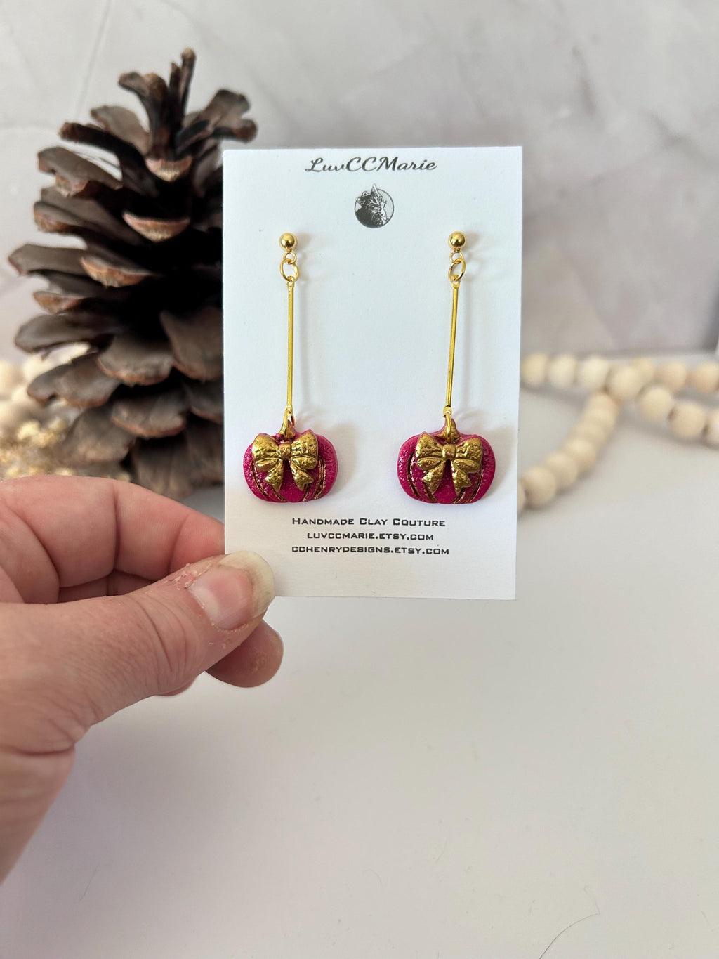 Handmade Pink Pumpkin Earrings: Gold Bow Clay Dangles