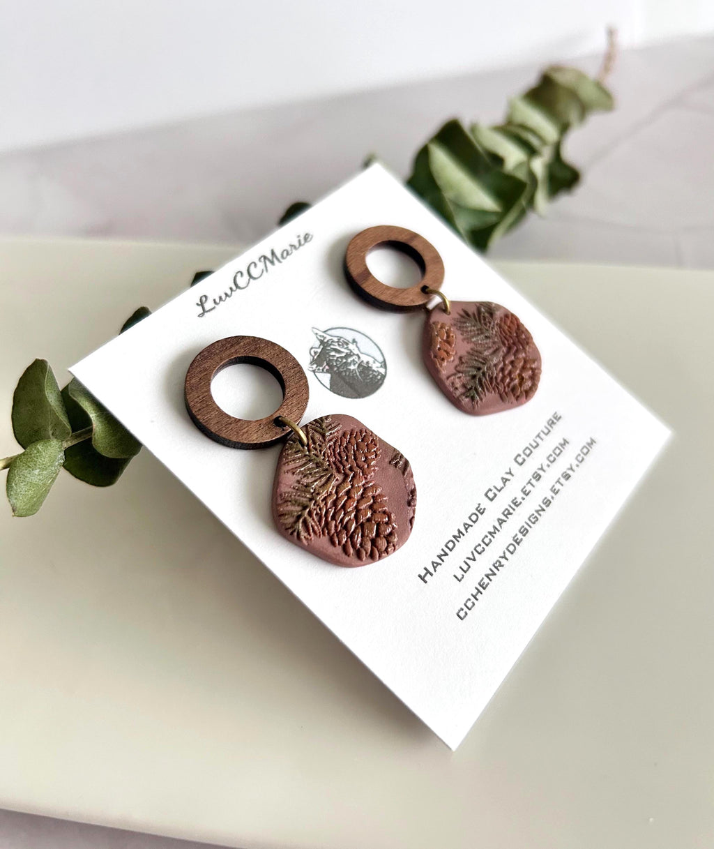 Pine Bough Clay and Wood Dangle Earrings, Fall Pinecone Walnut Stud Boho Jewelry