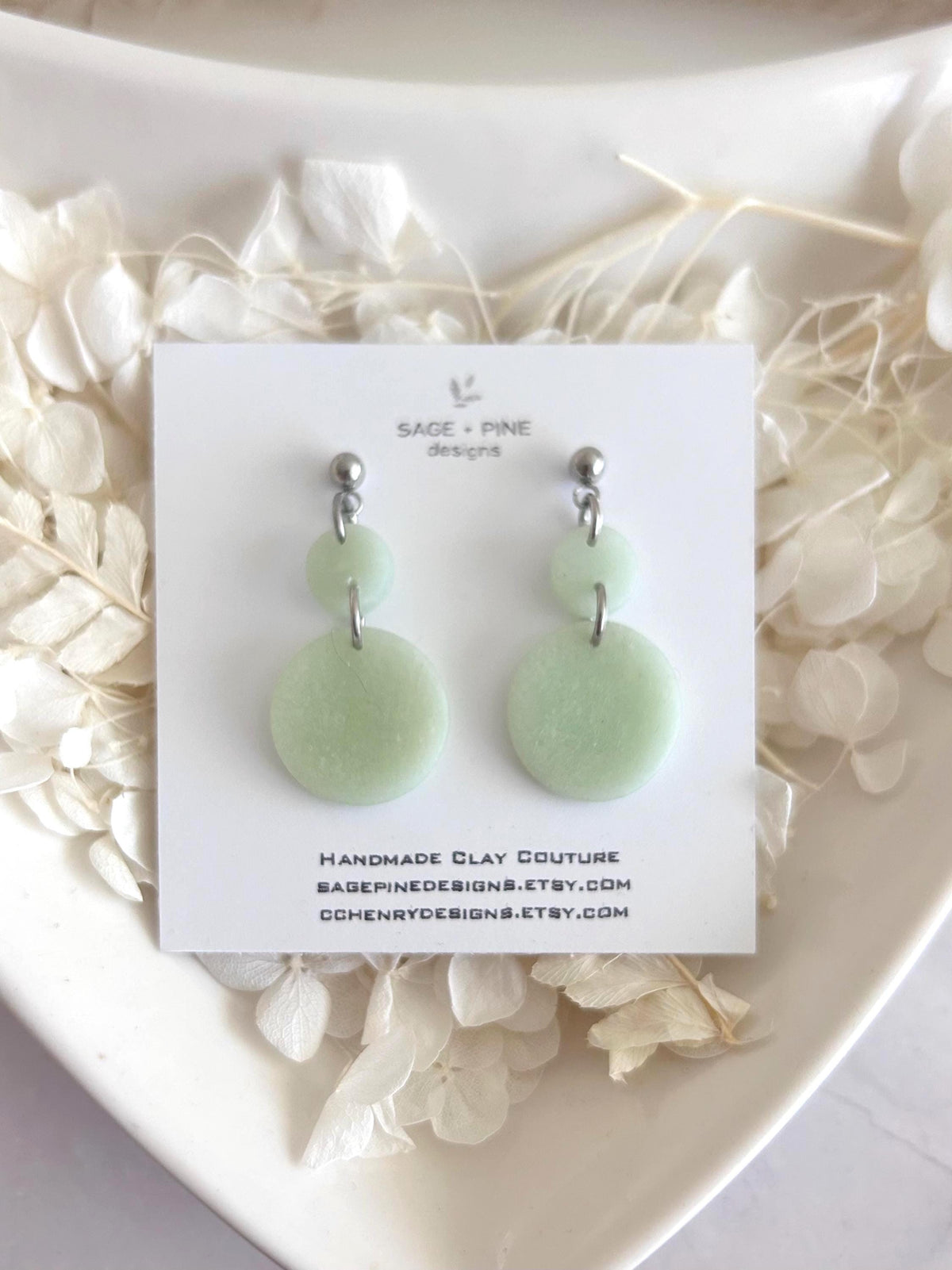 Light Green Drop Earrings, Silver Sage Dangles, Jade Colored Bead Drops, Handmade Clay
