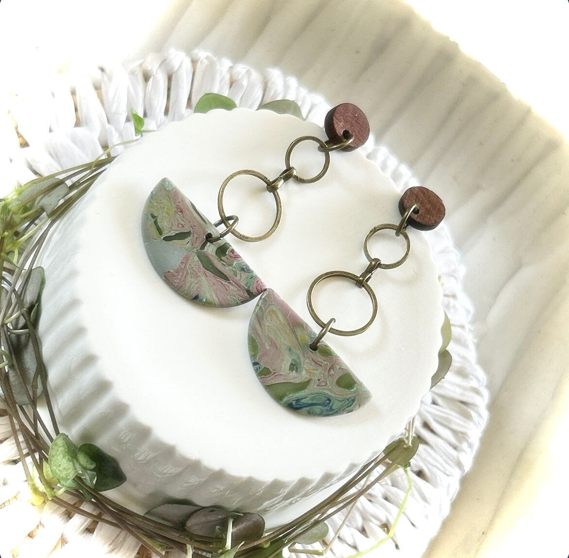 Pink and Olive Dangle Earrings, Extra Long Boho Dangles, Bronze, Clay & Wood