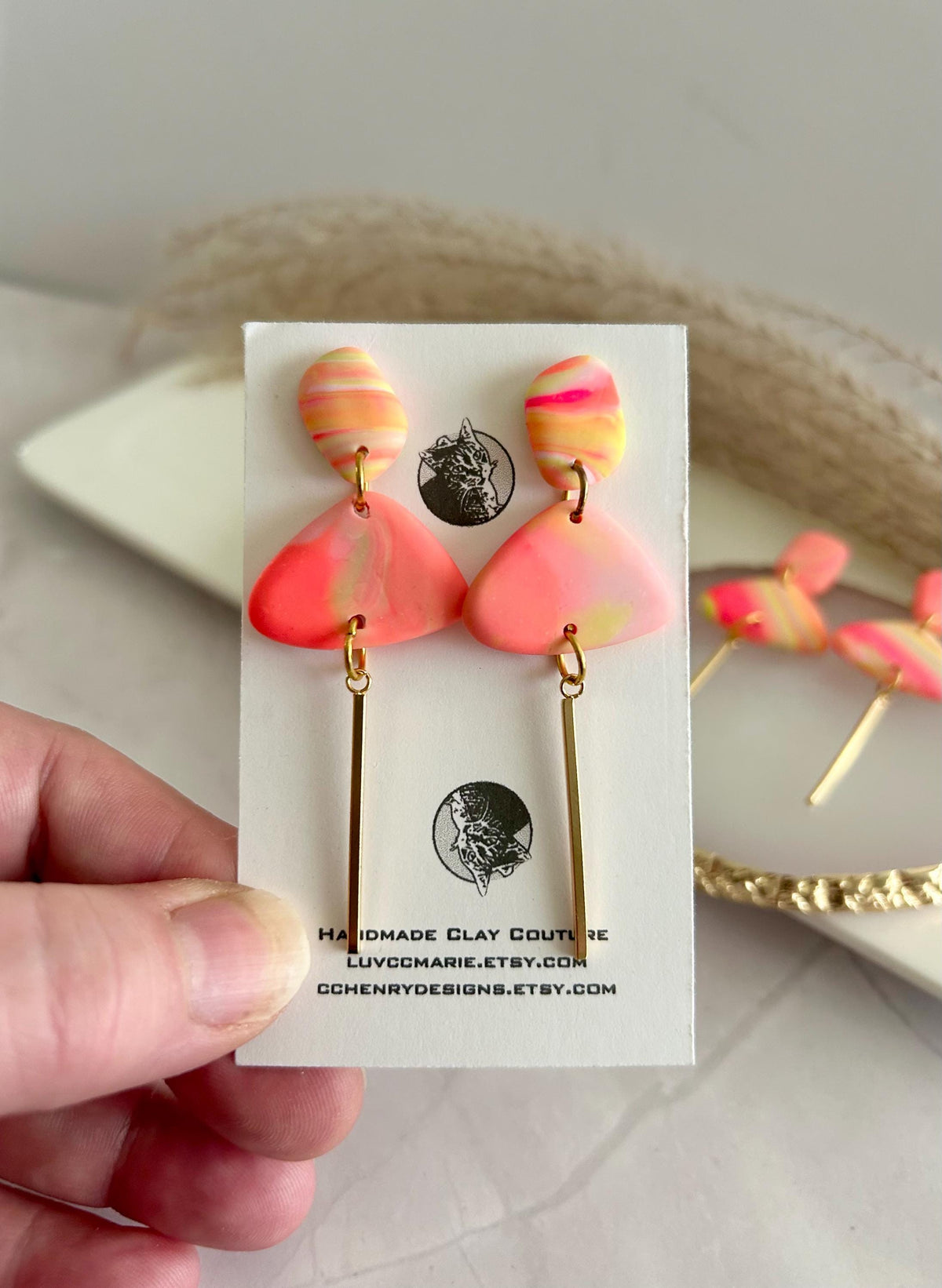 Neon Earrings, Gold Bar Dangles, Hypoallergenic Clay, Lightweight Jewelry