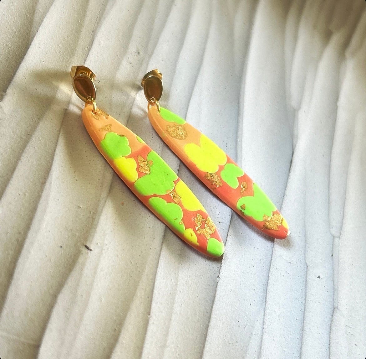 Neon Abstract Clay Earrings, Fluorescent Retro Surfboard Dangles, Handmade Colorful Boho Jewelry