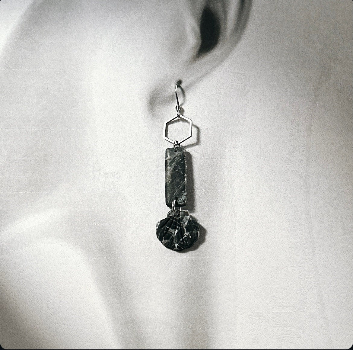 Seashell Earrings, Black Beach Dangles, Stainless Steel Long Hexagon Handmade Clay Boho Jewelry