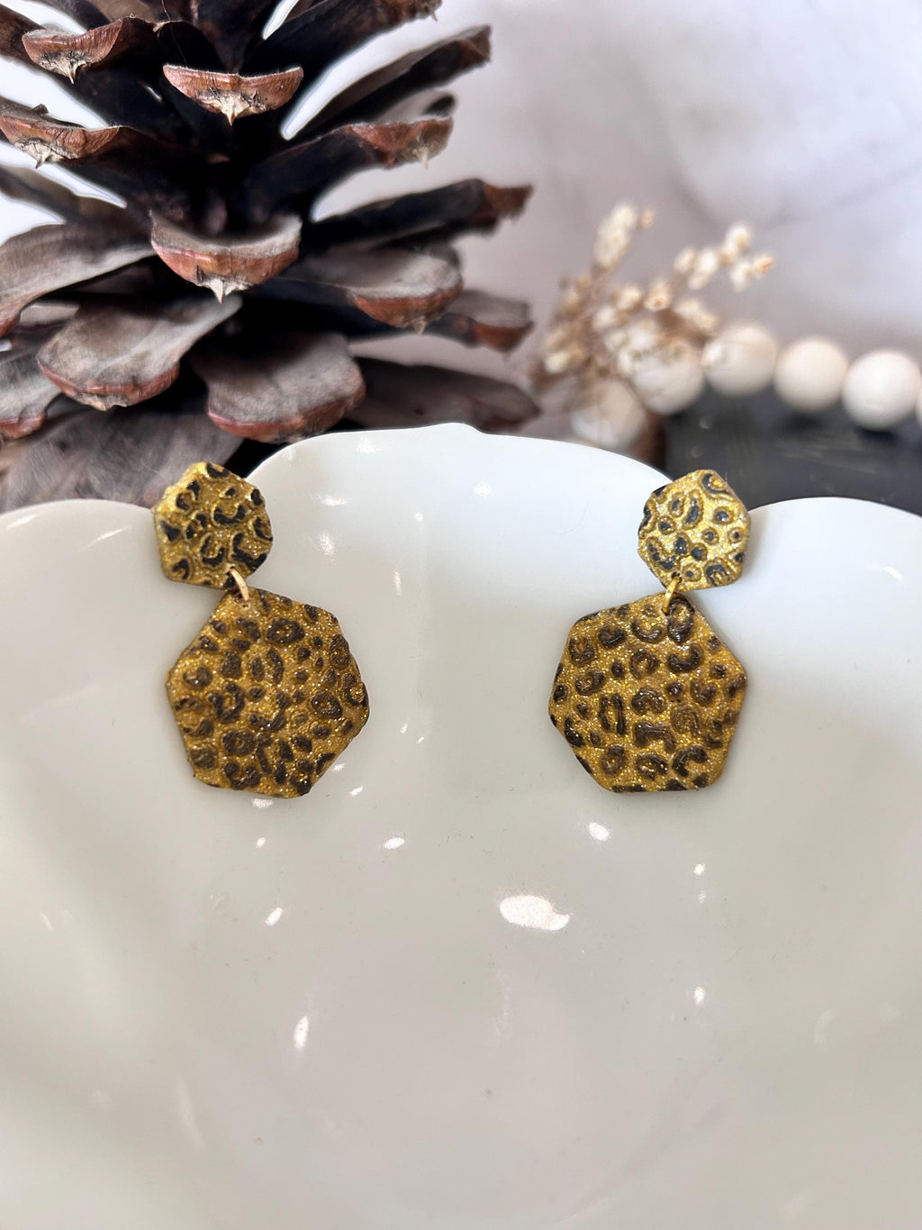 Handmade Clay Leopard Print Hexagon Earrings, Gold Geometric Stud Dangles, Lightweight Statement Boho Jewelry
