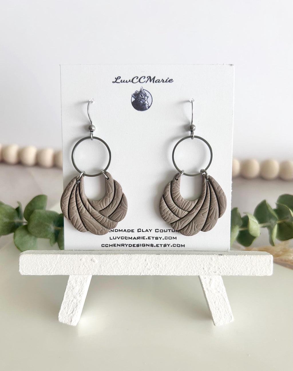 Handmade Khaki Clay Earrings: Boho Floral Embossed Dangles