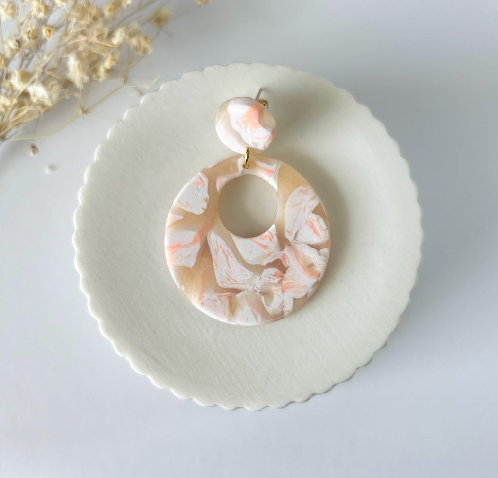 Handmade Clay Hoop Dangles, Peach and White Hoop Dangle Earrings, Minimalist Jewelry Gift