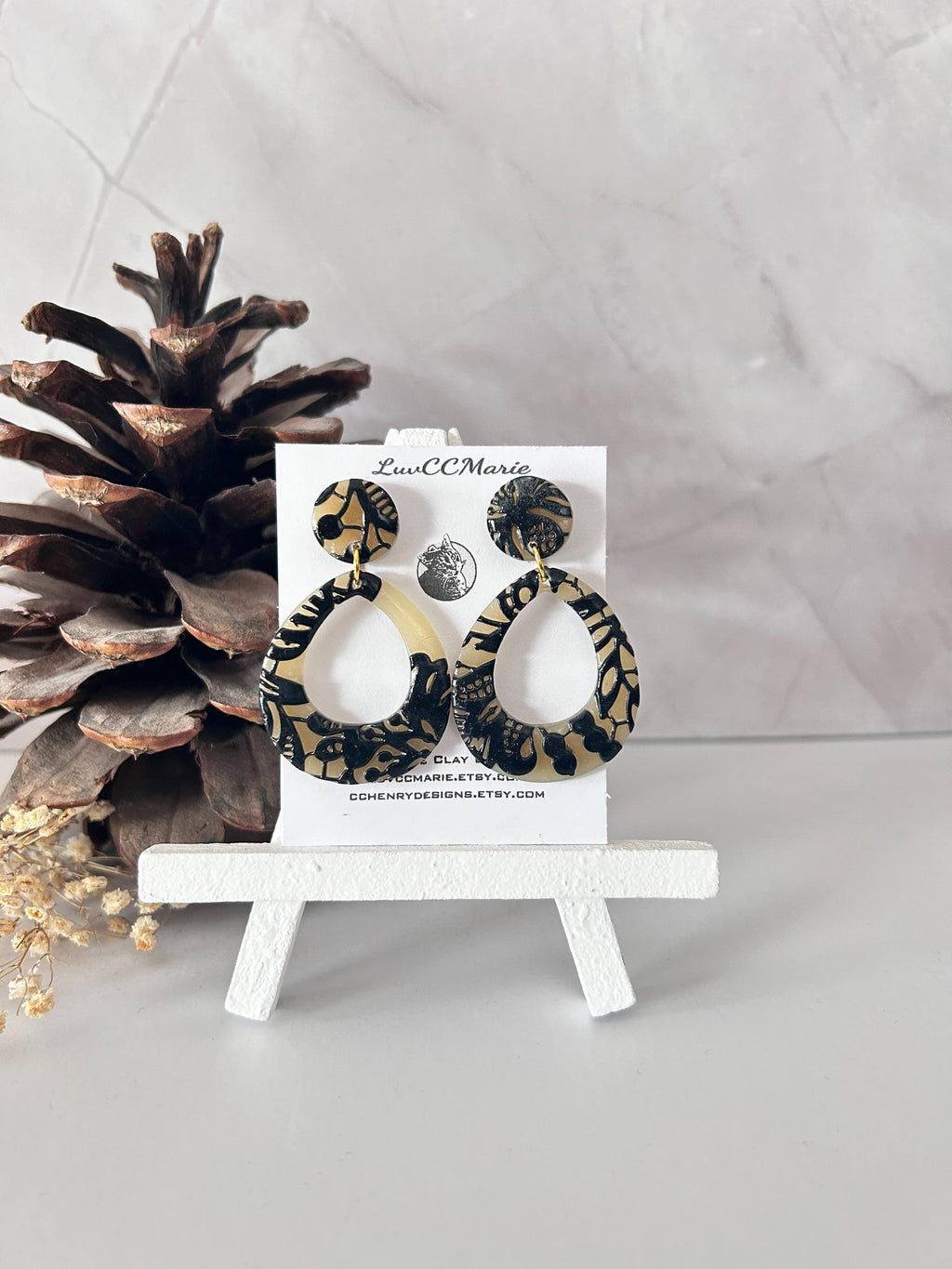 Black and Beige Lace Teardrop Wedding Earrings, Black Clay Bridal Dangles, Handmade Jewelry