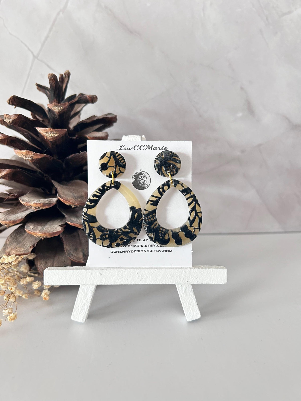 Black and Beige Lace Teardrop Wedding Earrings, Black Clay Bridal Dangles, Handmade Jewelry