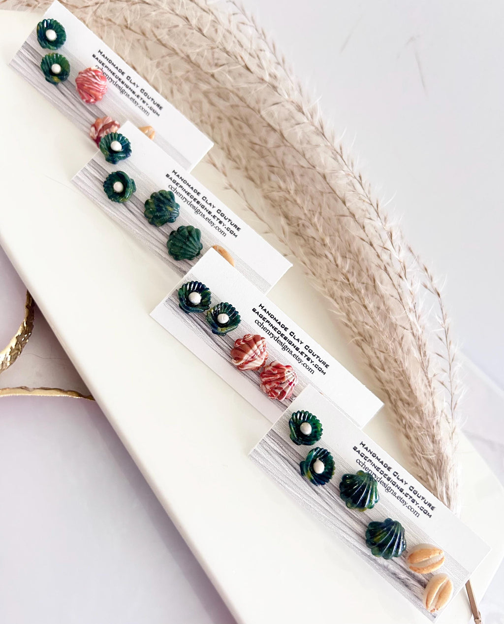 Cowrie Abalone Beach Studs, Coastal Shell Stud Set, Handmade Clay Summer Vacation Jewelry
