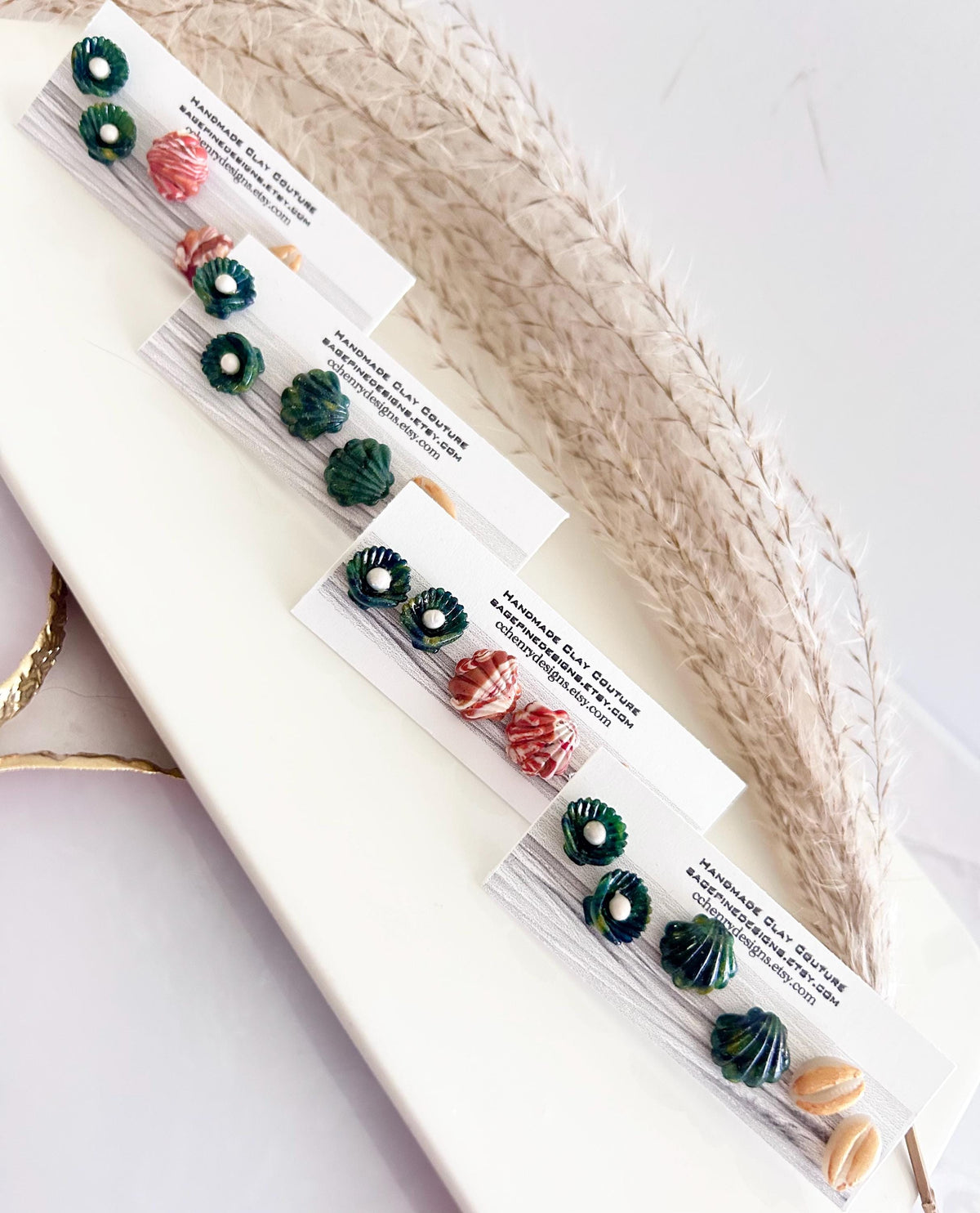 Cowrie Abalone Beach Studs, Coastal Shell Stud Set, Handmade Clay Summer Vacation Jewelry