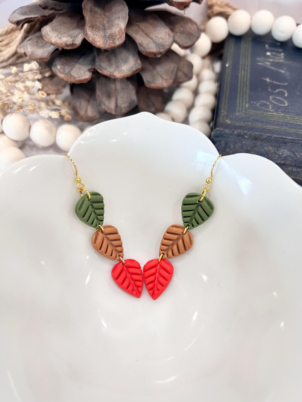 Leaf Earrings, Olive Green, Bright Red, Mustard Yellow, Handmade Clay Boho Fall Jewelry Gift