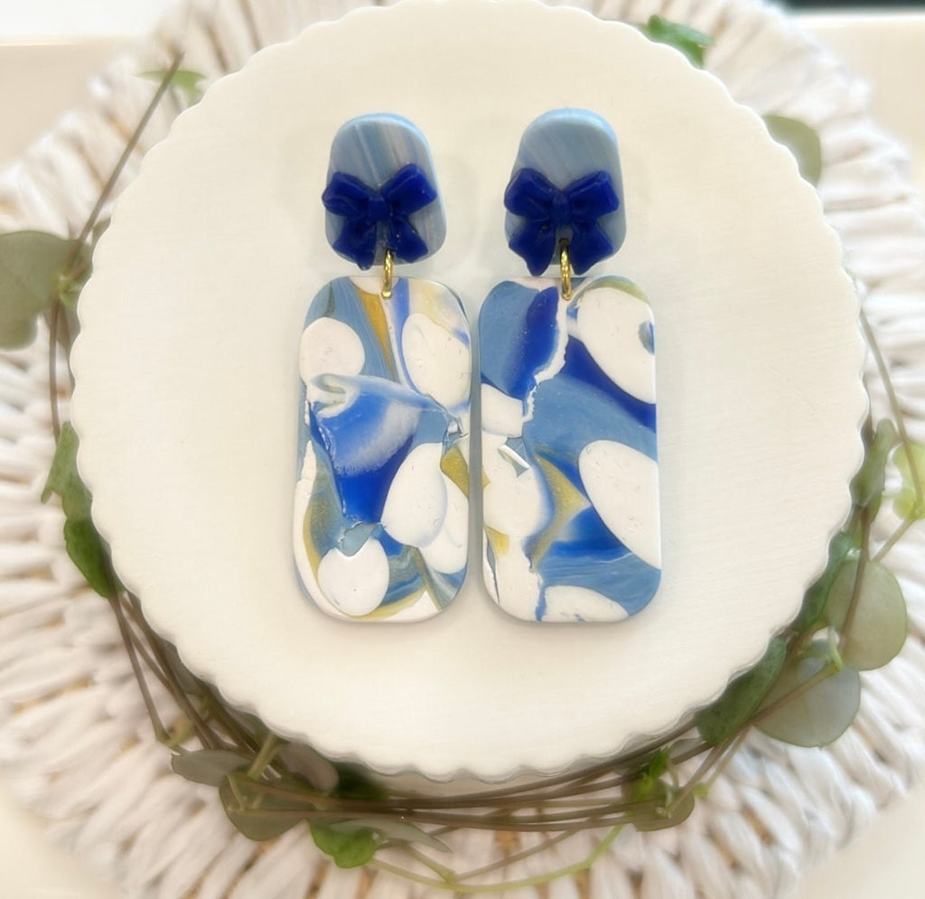 Cobalt Blue Polka Dot Stud Dangles, Gold White Clay Earrings, Handmade Fashion Clay Jewelry