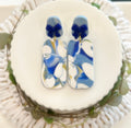Cobalt Blue Polka Dot Stud Dangles, Gold White Clay Earrings, Handmade Fashion Clay Jewelry