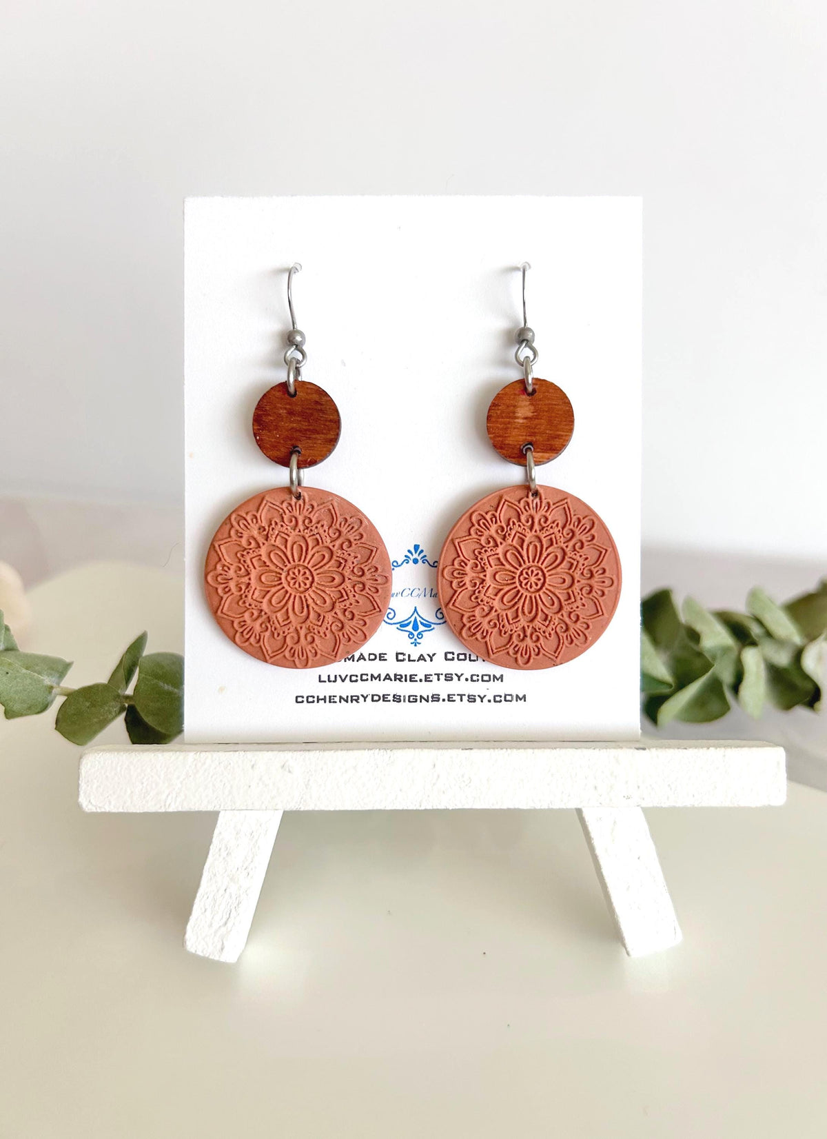 Terracotta Mandala Clay Earrings, Embossed Polymer & Wood Dangles, Handmade Fashion Boho Jewelry