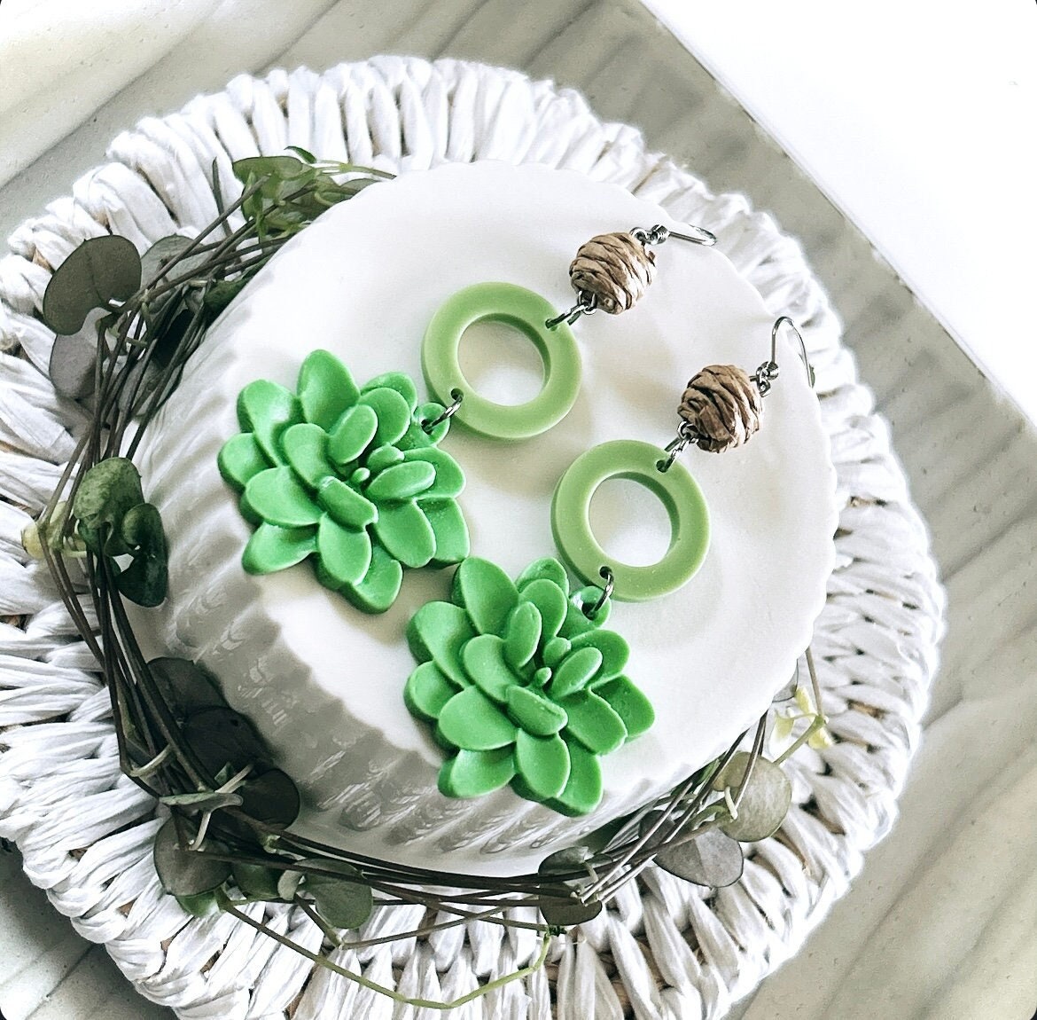 Handmade Clay Succulent Dangle Earrings, Green and Brown Raffia Dangles, Long Lightweight Boho Jewelry