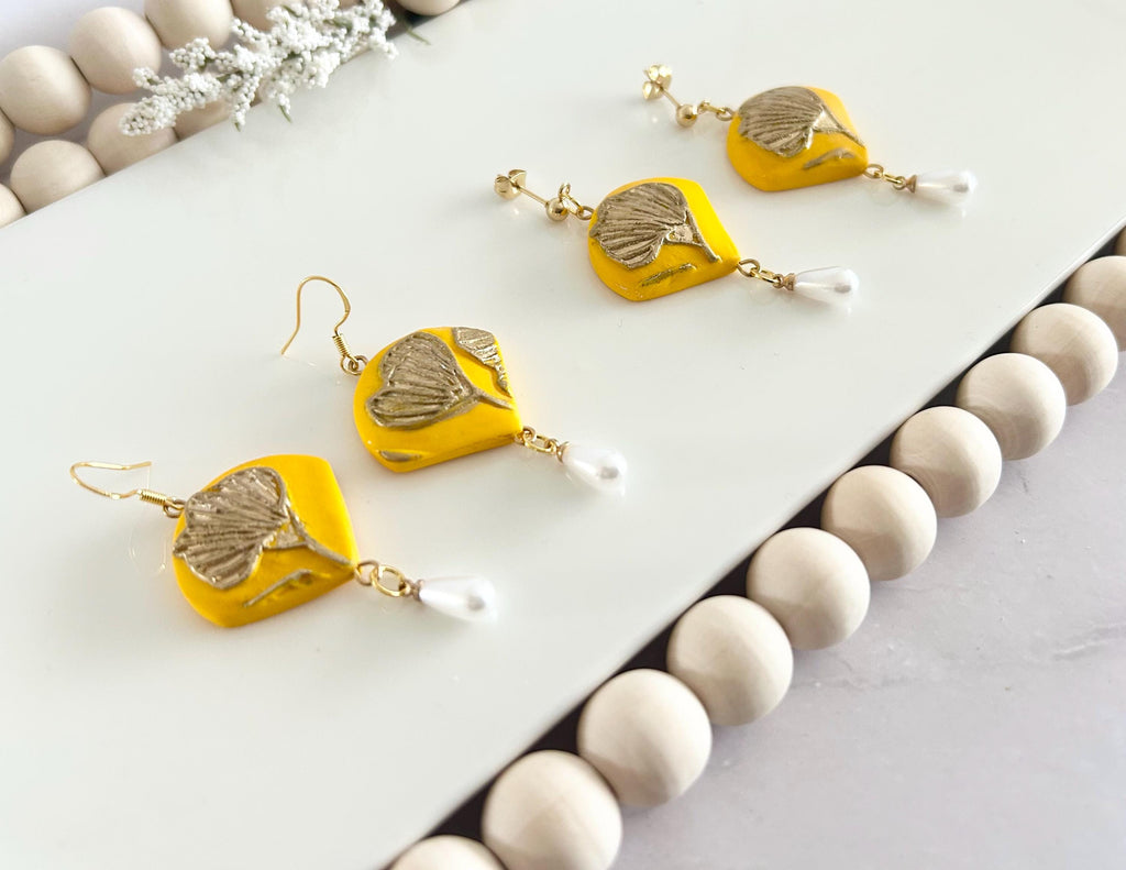California Poppy Flower Clay Earrings, Abstract Floral Pearl Dangles, Handmade Jewelry Gift for Her
