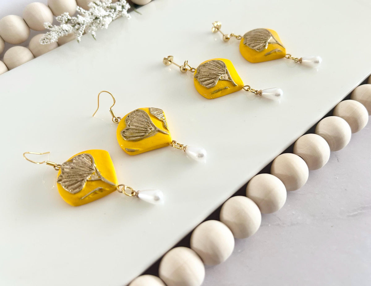 California Poppy Flower Clay Earrings, Abstract Floral Pearl Dangles, Handmade Jewelry Gift for Her