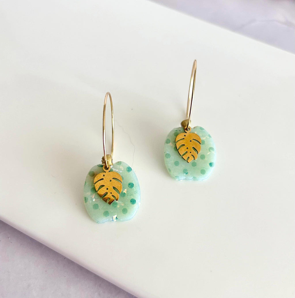 Green Polka Dot Pumpkin Earrings, Gold Leaf Clay Hoop Dangles, Fall Boho Jewelry