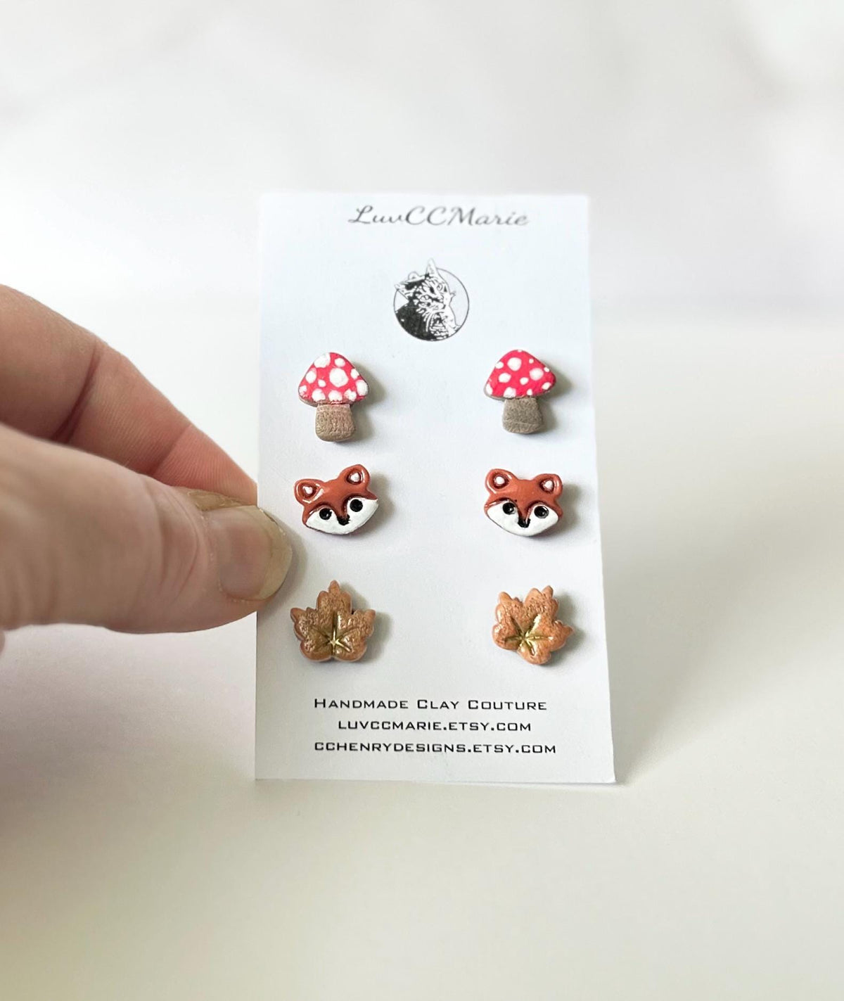 Clay Stud Earrings Set, Acorn, Fox, Maple Leaf, Mushroom, Toadstool, Handmade Fashion Fall Jewelry
