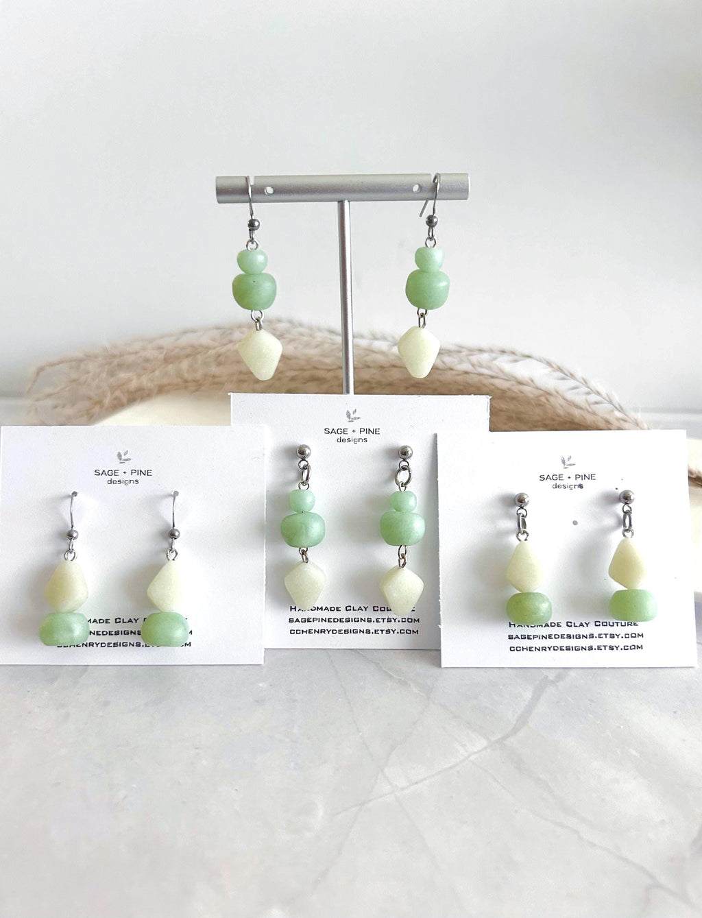 Jade Mint Beaded Dangles, Clay Drop Long Earrings, Light Green Modern Unique Handmade Jewelry