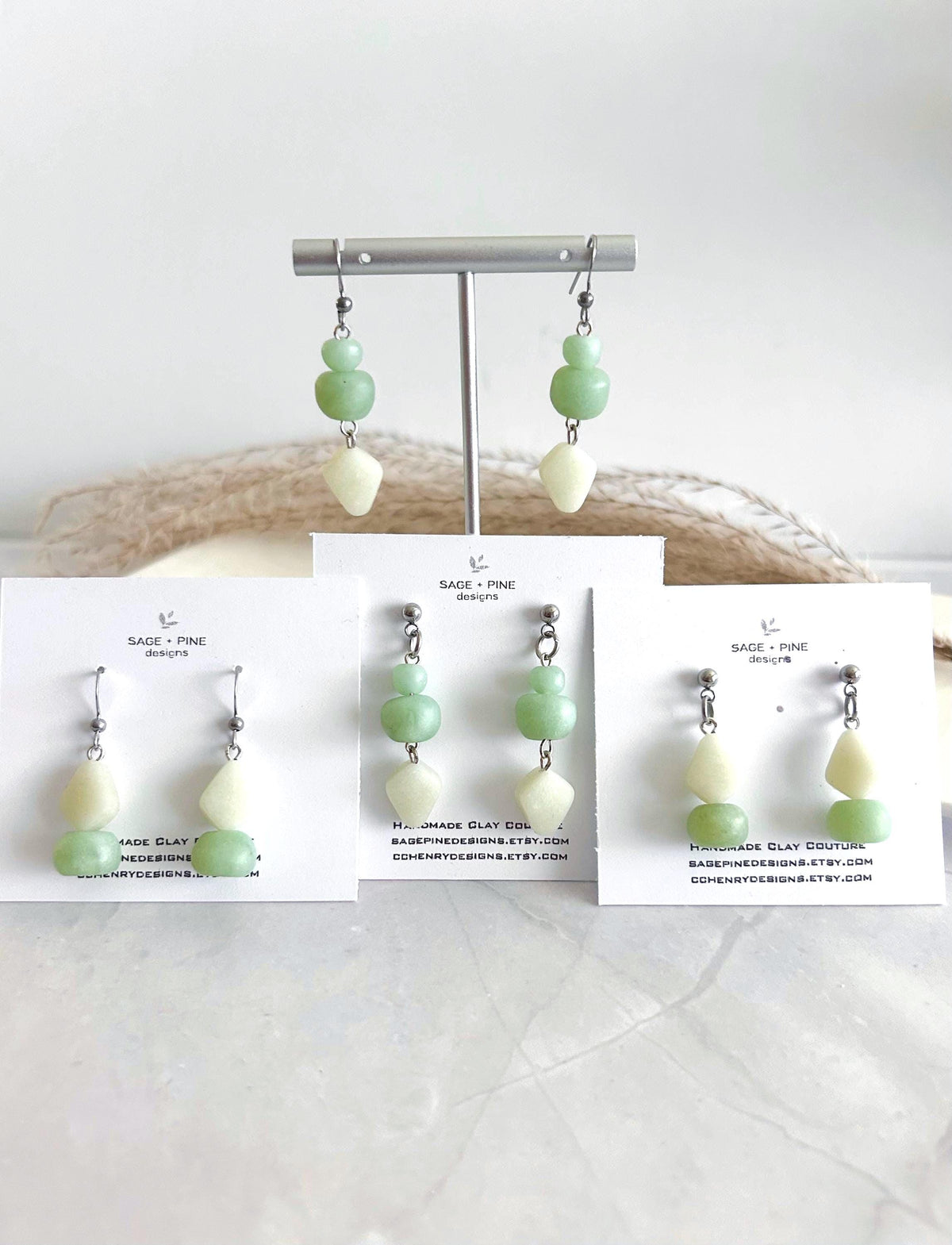 Jade Mint Beaded Dangles, Clay Drop Long Earrings, Light Green Modern Unique Handmade Jewelry