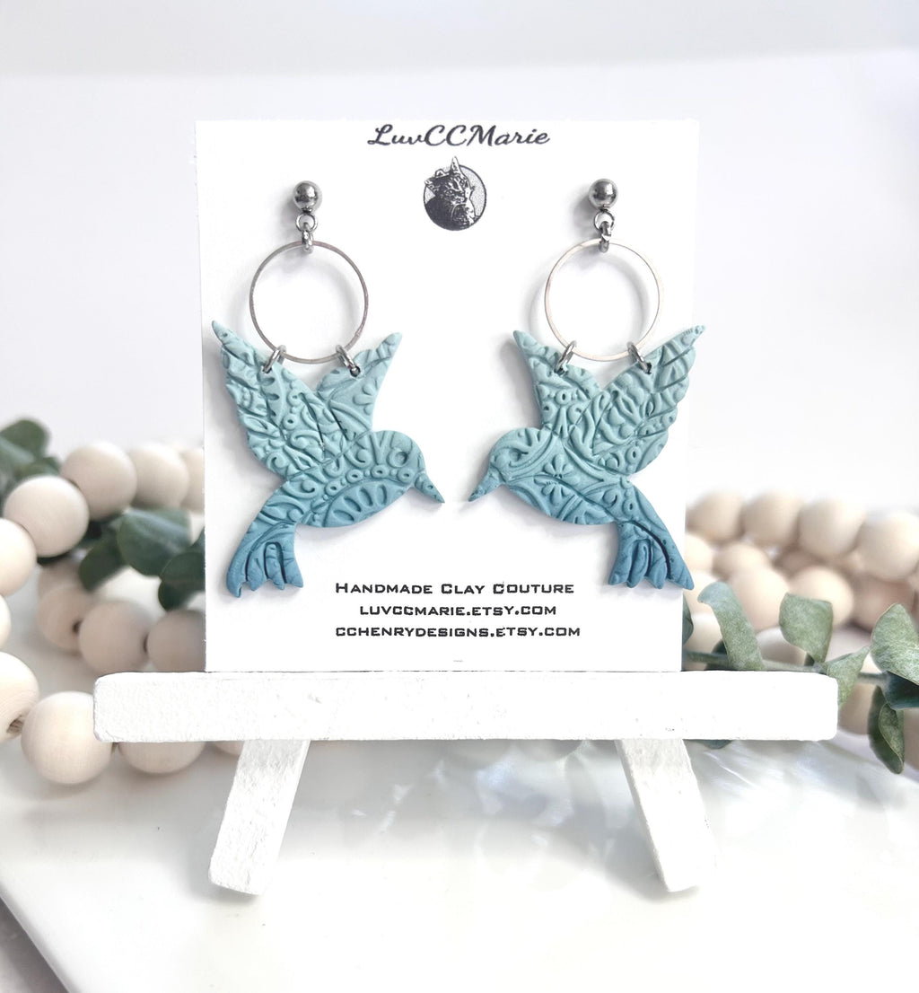 Hummingbird Earrings, Polymer Clay Hoop Dangles, Light Blue Statement Ombre Handmade Boho Jewelry Gift
