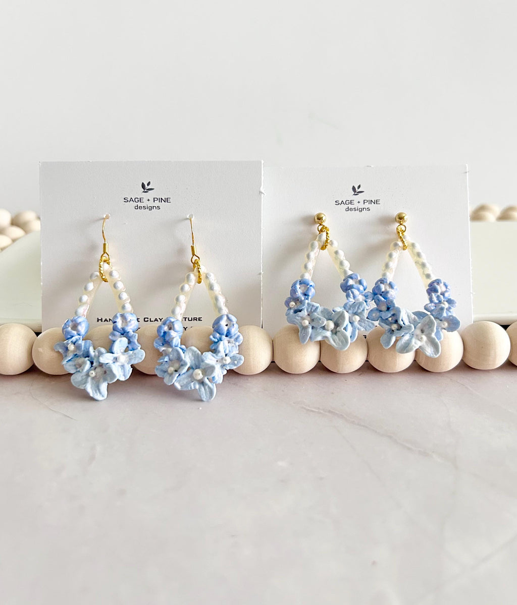 Blue Dangle Flower Earrings, Big Floral Drop Dangles, Iridescent Pearl Unique Statement Jewelry Gift