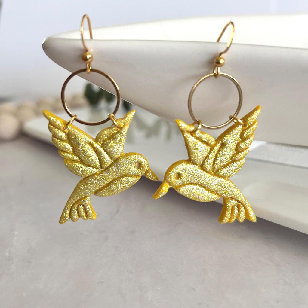 Hummingbird Earrings, Polymer Clay Bird Jewelry, Yellow Summer Garden Gift