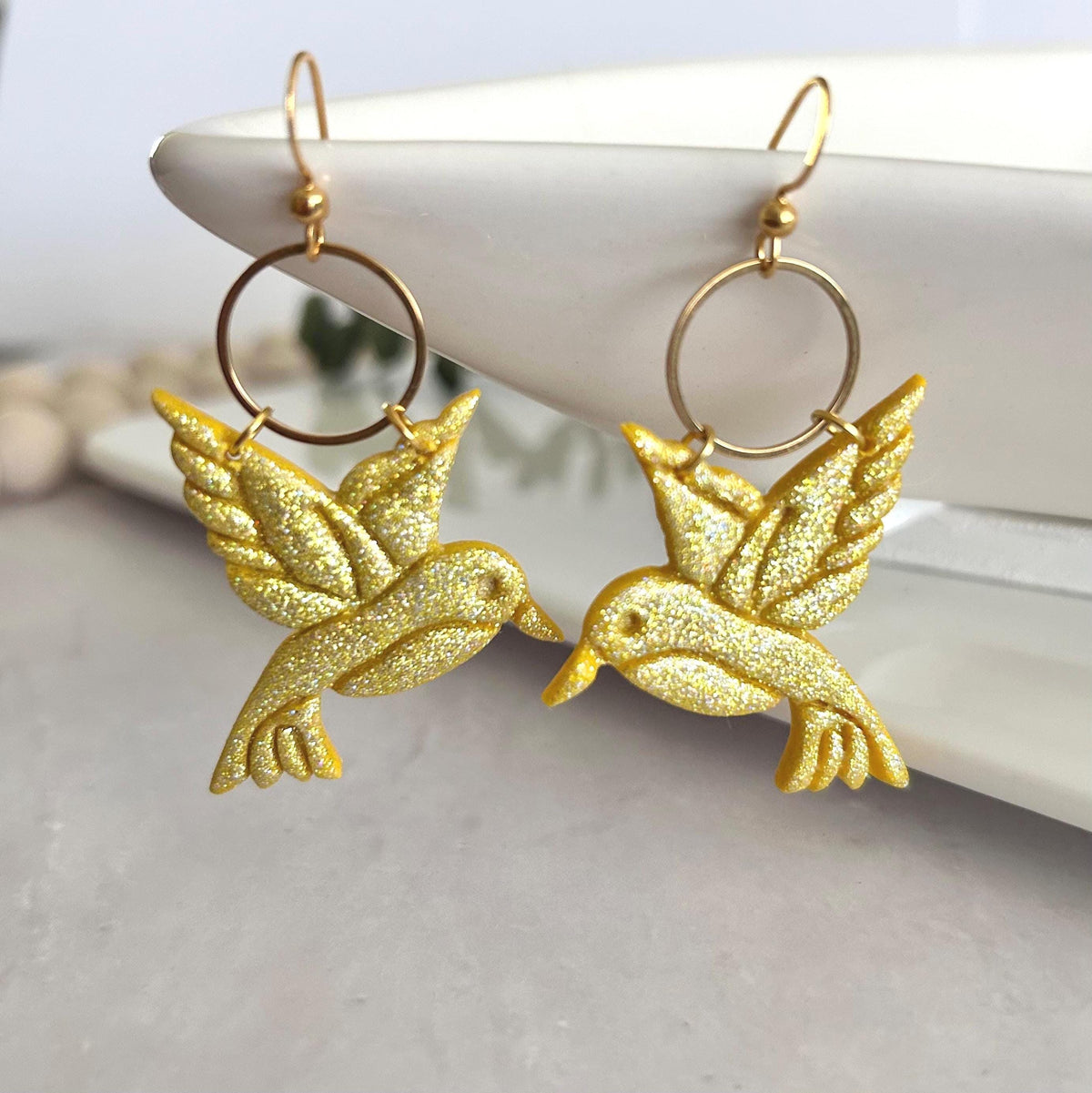 Hummingbird Earrings, Polymer Clay Bird Jewelry, Yellow Summer Garden Gift