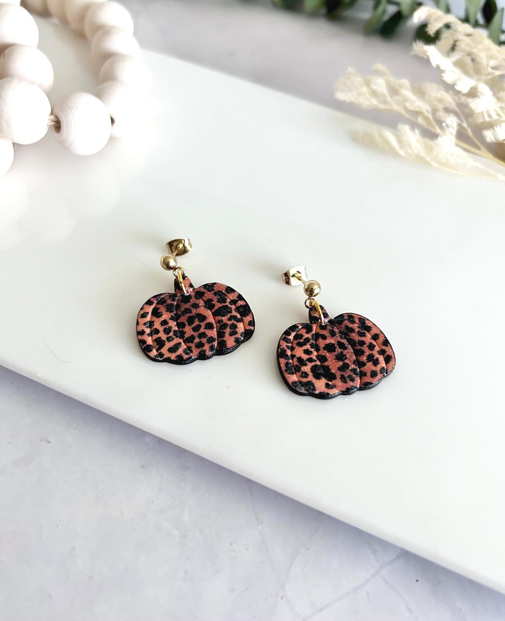 Leopard Print Pumpkin Earrings, Fall Hoop Dangles, Lightweight Handmade Clay Jewelry
