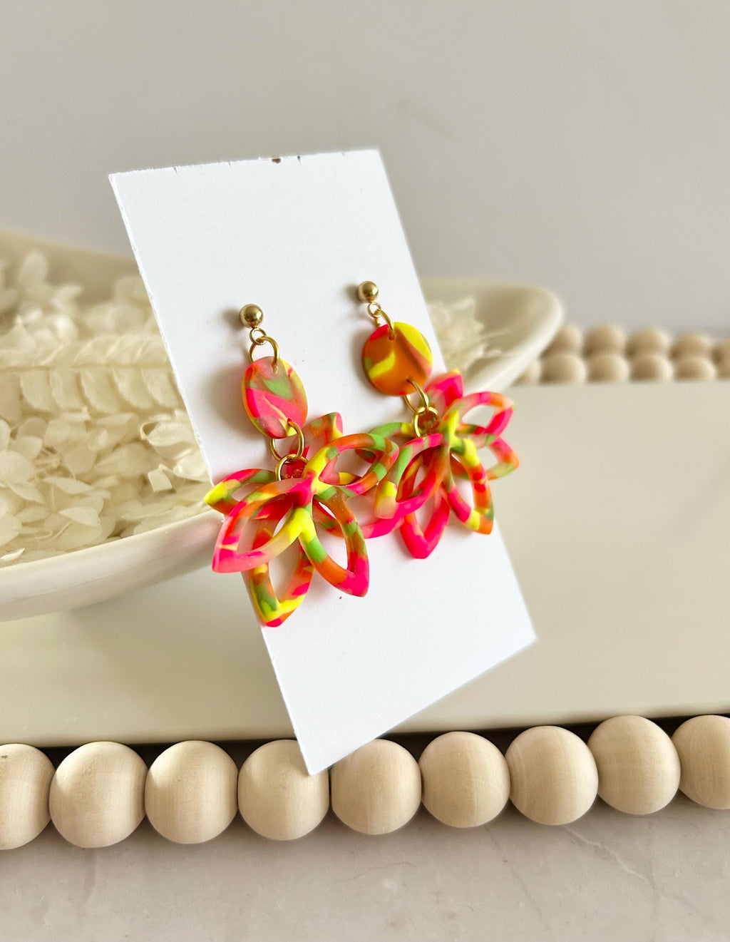 Neon Flower Clay Earrings, Fluorescent Rainbow Lotus Dangles, Geometric Floral Handmade Boho Jewelry Gift