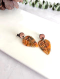 Rustic Autumn Leaves Earrings, Asymmetrical Wood Leaf Dangles, Handmade Lightweight, Colorful Fall Clay Jewelry
