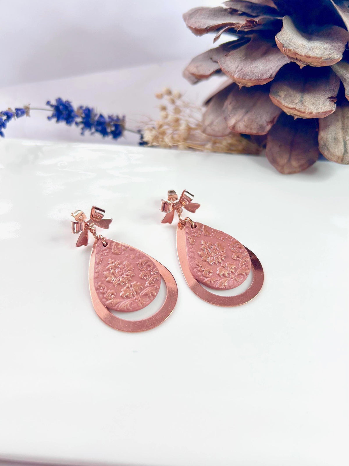 Copper and Clay Dangle Earrings, Mauve Pink Teardrop Dangles, Lightweight Boho Handmade Jewelry