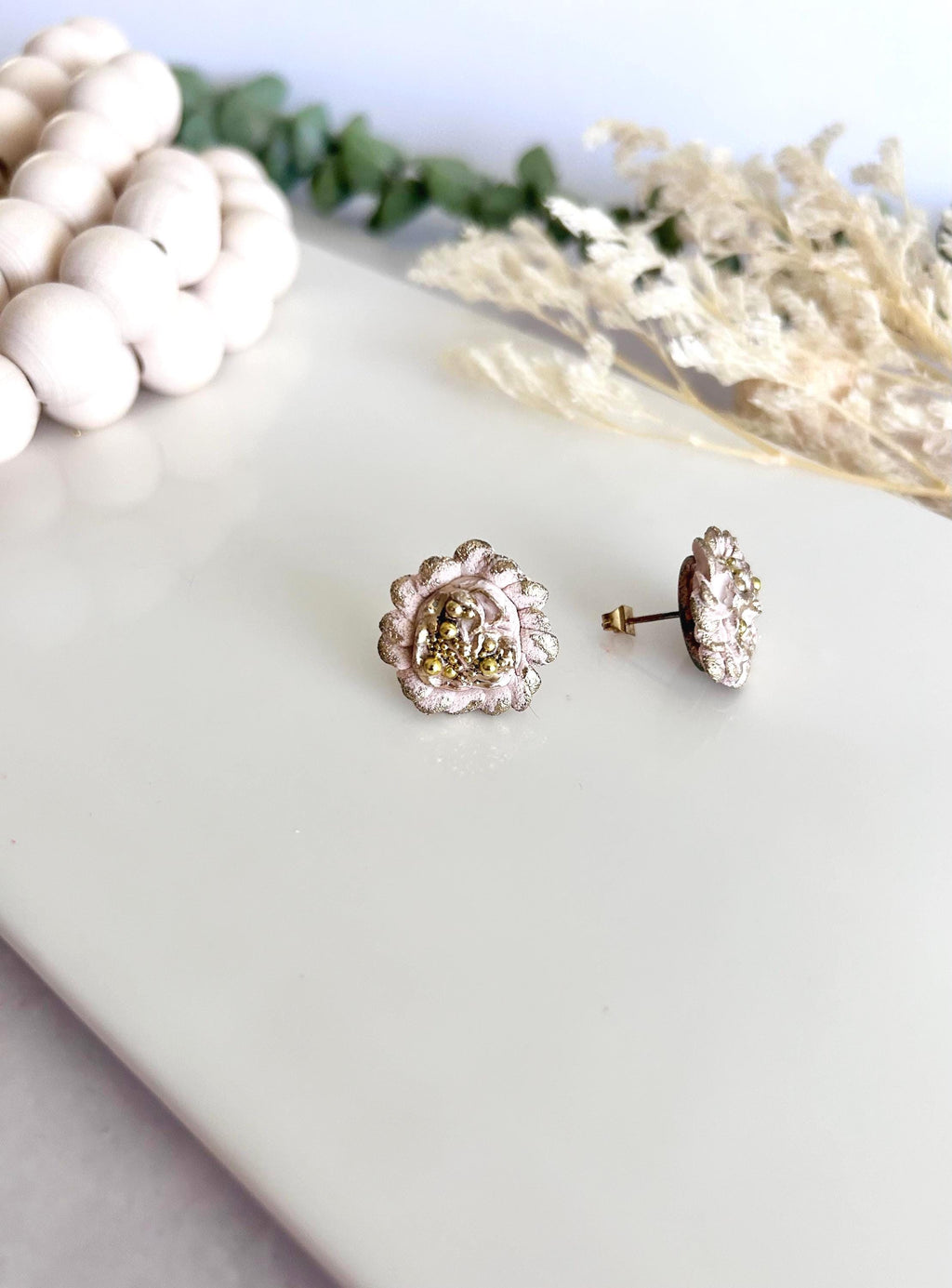 Gold Flower Stud Earrings, Abstract Clay Studs, Handmade Jewelry