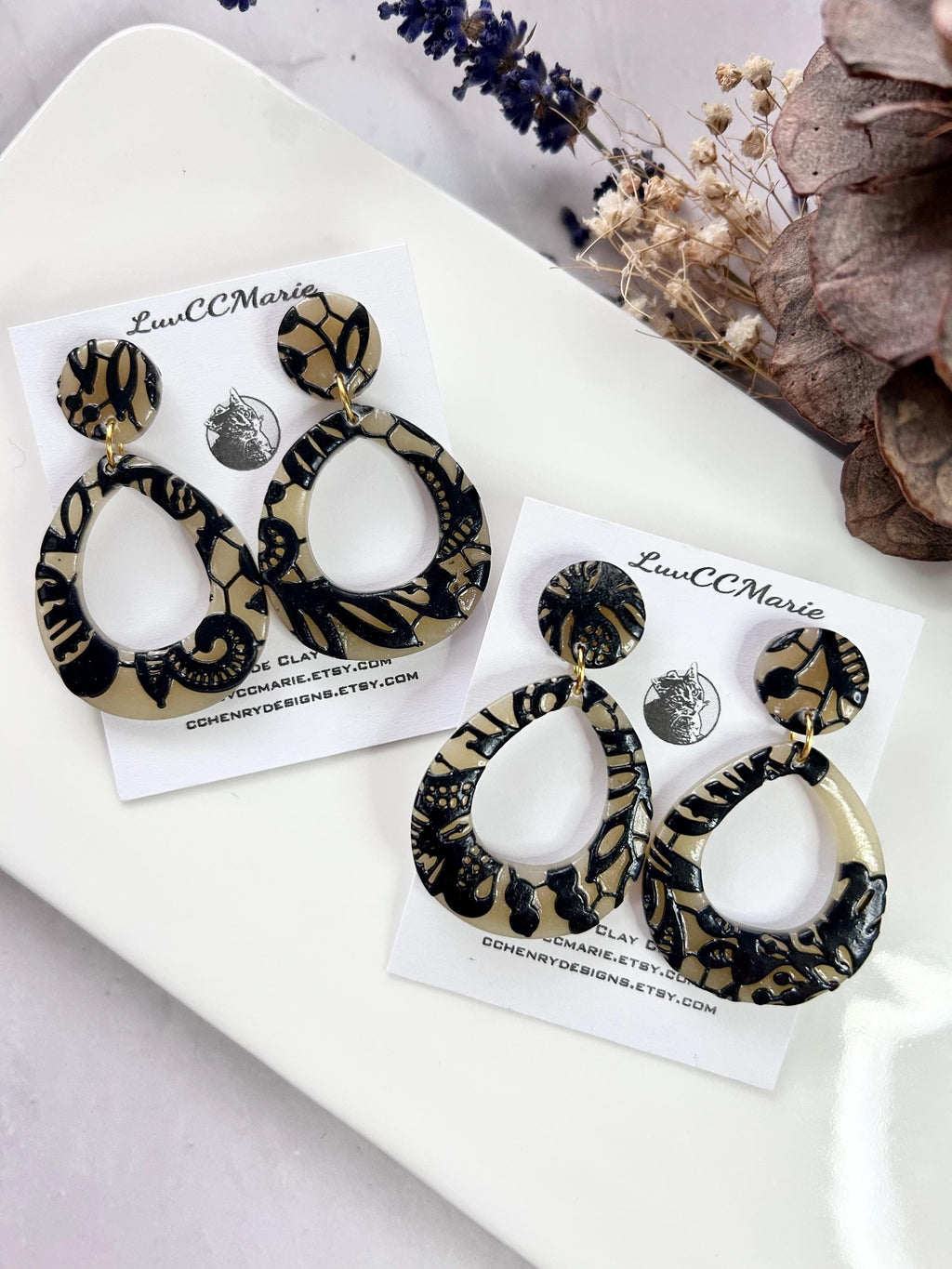 Black and Beige Lace Teardrop Wedding Earrings, Black Clay Bridal Dangles, Handmade Jewelry