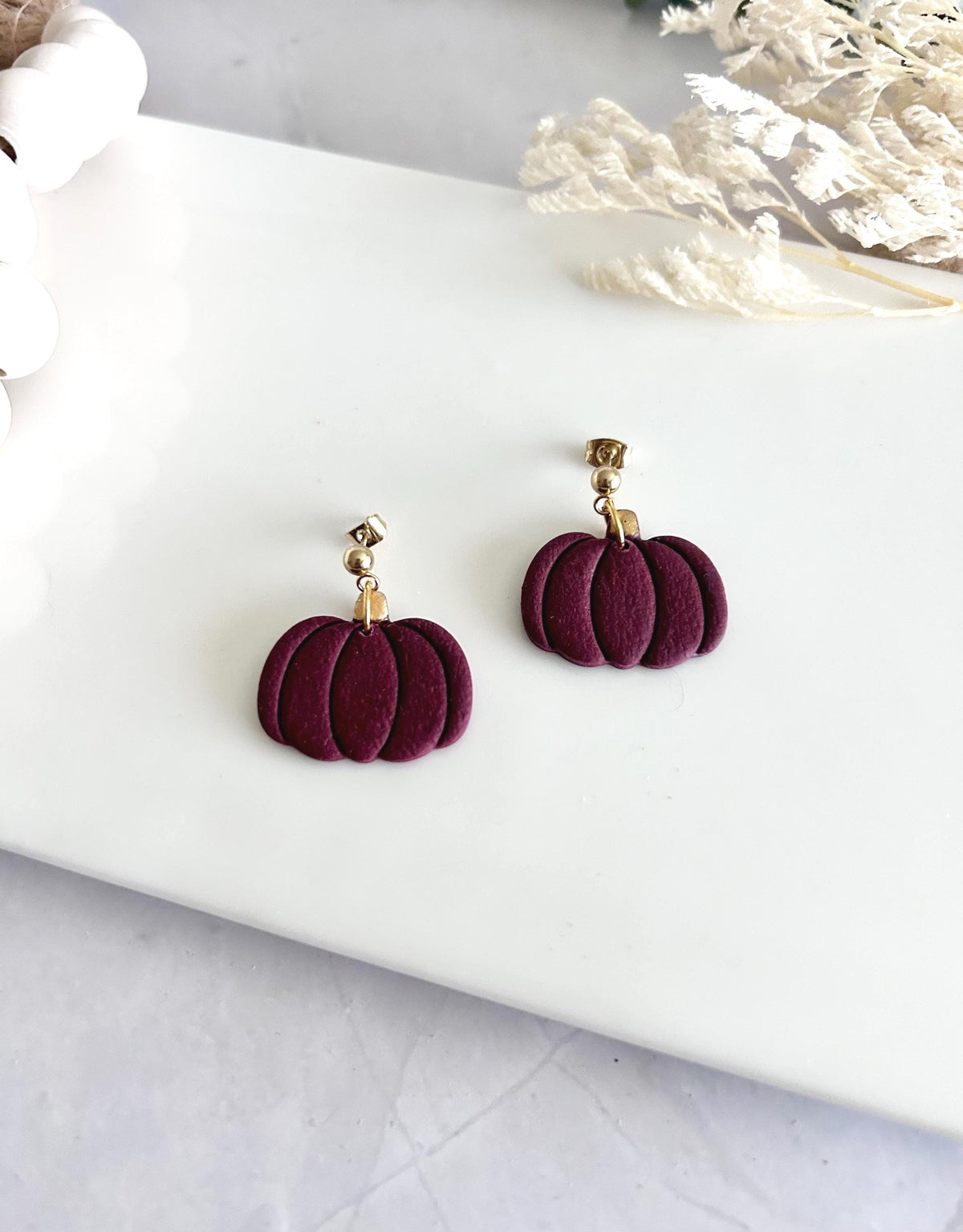 Burgundy Pumpkin Earrings, Gold Fall Leaf Clay Dangles, Handmade Boho Autumn Jewelry