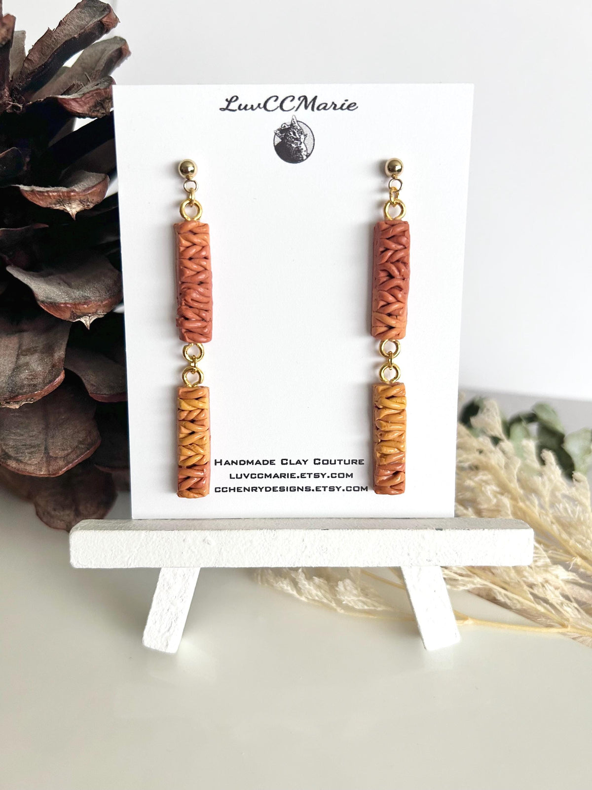 Mustard Yellow Dangle Earrings, Knit Ombre Burnt Orange Clay Dangles, Handmade Jewelry for Mom