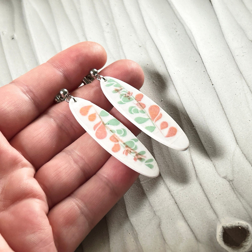 Handmade Succulent Dangle Earrings: Retro Surfboard Clay, Steel Studs