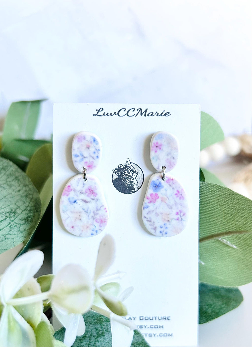 Pink and Blue Floral Earrings, Pastel Flower Clay Earrings, Stud Dangles, Handmade Jewelry