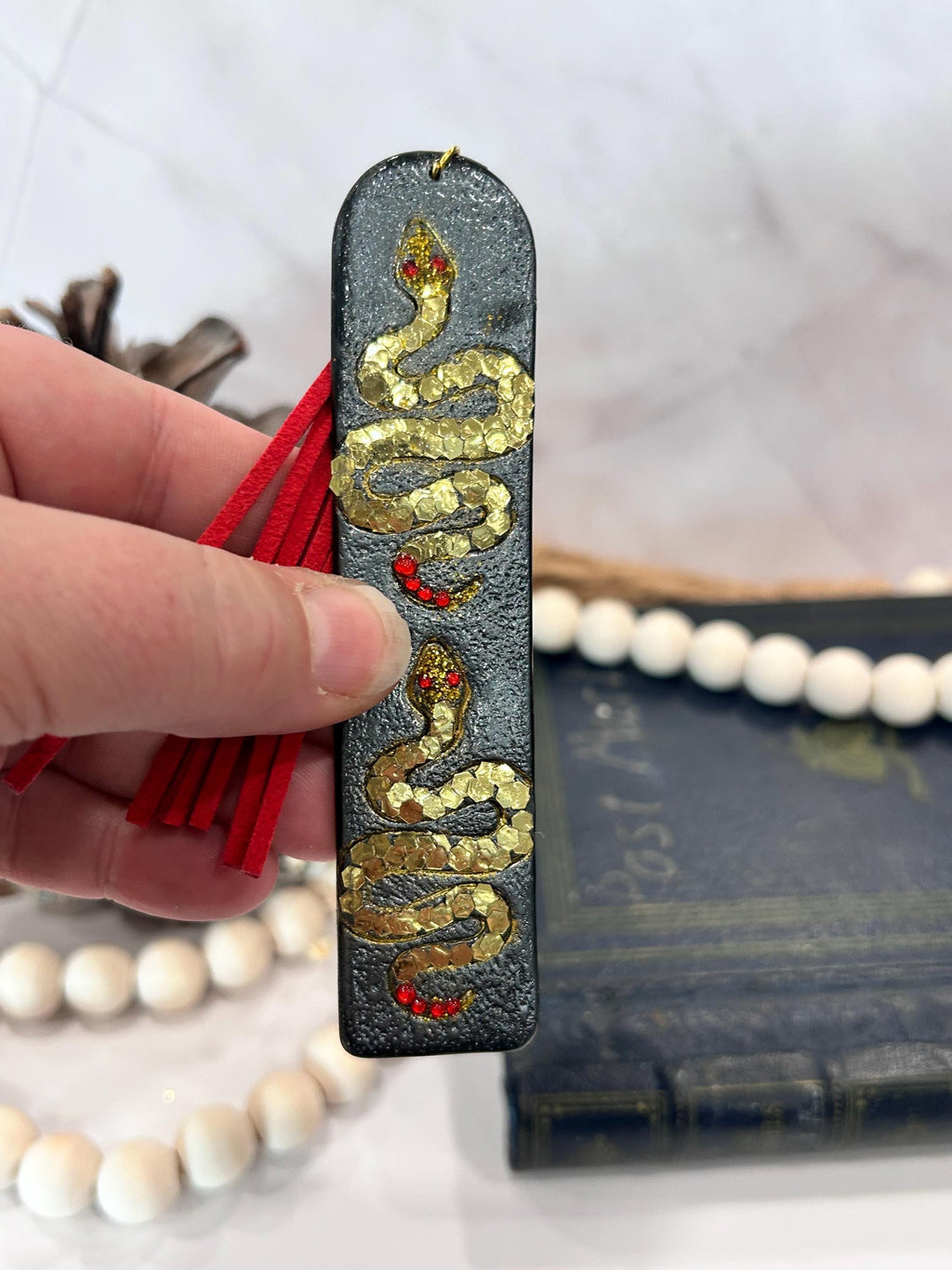 Black Serpent Clay Bookmark, Gold Snake Book Mark, Handmade Book Lover Gift