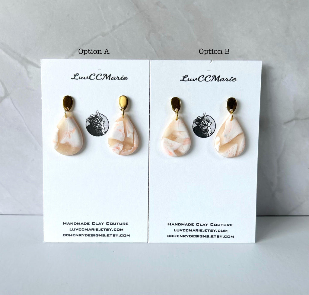 Peach and White Marbled Clay Drop Earrings, Teardrop Spring or Summer Dangles, Handmade Jewelry