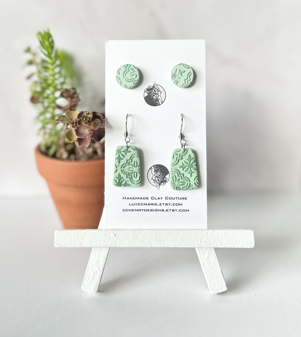 Handmade Clay Dangle Earrings Set: Santorini Tile, Surfboard, Sealife